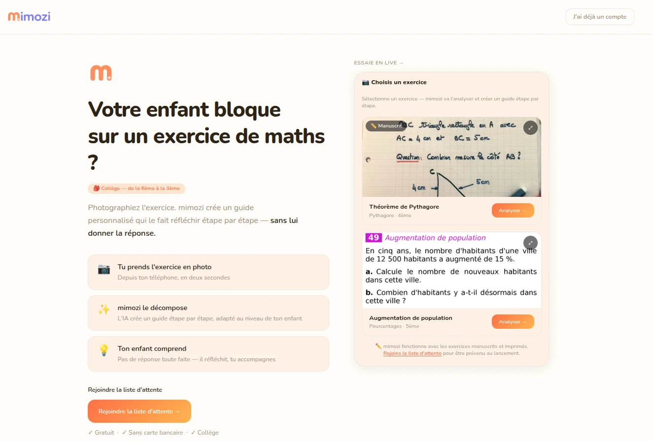 Aperçu de mimozi – application IA d'aide aux devoirs de maths